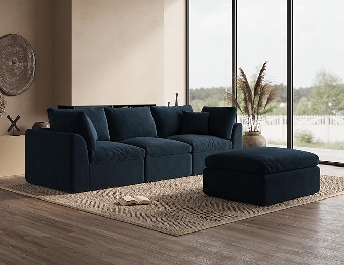 ohllob 110" Cloud Sectional Couches for Living Room, Boneless L-Shaped Couch with Ottoman, Modular Sectional Sofa, Dark Blue