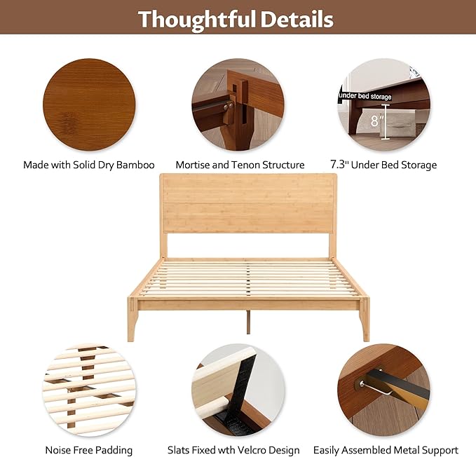 Merax Full Size Bamboo Platform Bed, Mid-Century Modern Bed Frame with Tall Headboard, Solid Sustainable Bedframe Full-size, Wood Slat Support, No Box Spring Needed, Easy Assembly, Noise Free, Natural
