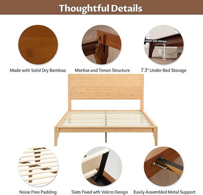 Merax Full Size Bamboo Platform Bed, Mid-Century Modern Bed Frame with Tall Headboard, Solid Sustainable Bedframe Full-size, Wood Slat Support, No Box Spring Needed, Easy Assembly, Noise Free, Natural