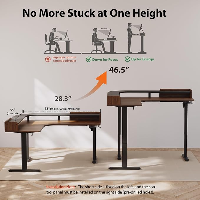 Agilestic L Shaped Standing Desk, Corner Desk with Monitor Shelf, Adjustable Height Gaming Table, Sit Stand Up Table, 63 x 55 Inch Home Office Computer Workstation, Splice Board, Dark Walnut