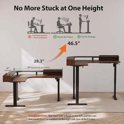 Agilestic L Shaped Standing Desk, Corner Desk with Monitor Shelf, Adjustable Height Gaming Table, Sit Stand Up Table, 63 x 55 Inch Home Office Computer Workstation, Splice Board, Dark Walnut