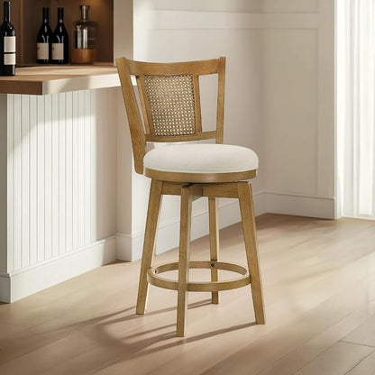 Armen Living Isla 30 in. Amber Glow Bar Height Rubberwood Swivel Barstool with Ivory Fabric Seat