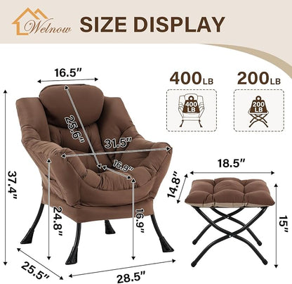 Welnow Lazy Chair with Ottoman, Modern Accent Armchair with Armrests and a Side Pocket, Leisure Sofa Armchair Set, Reading Chair with Footrest for Small Space, Dark Brown