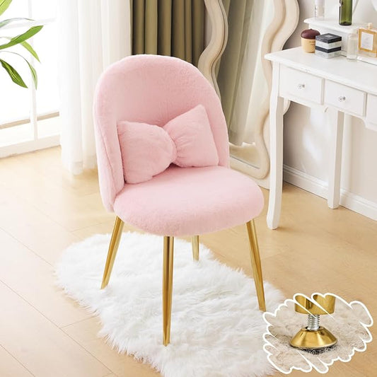 VINGLI Fluffy Girls Vanity Chair with Back & Pillow,Cute Small Cozy Desk Chair No Wheels,Comfy Makeup Ch with Ajustable Gold Legs,for Bedroom,Living Room,Small Space,Pink