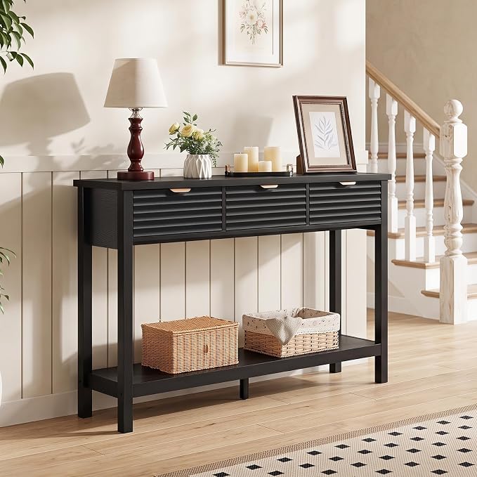 LEYAOYAO Fluted 47.2" Console Table with 3 Drawers, Modern Wood 2 Tier Entryway Table with Open Storage Shelf, Boho Sofa Entry Tables Behind Couch for Living Room, Hallway, Entrance Foyer, Black Oak
