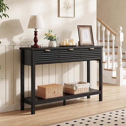 LEYAOYAO Fluted 47.2" Console Table with 3 Drawers, Modern Wood 2 Tier Entryway Table with Open Storage Shelf, Boho Sofa Entry Tables Behind Couch for Living Room, Hallway, Entrance Foyer, Black Oak