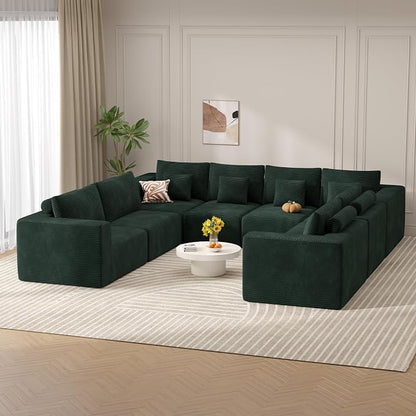 Modern U Shaped Modular Sectional Sofa, Convertible Oversized Cloud Couches for Living Room, Comfy 8 Seater Corduroy Boneless Couch Sofa Set, No Assembly Required, Beige 1 PCS
