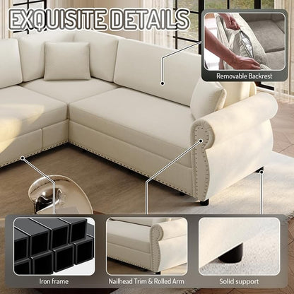 88.2" Sectional Sleeper Sofa with Pull Out Bed - Oversize L-Shaped Convertible Sleeper Couch Bed, Button Tufted Chesterfield Sofa, Chenille Vintage Couches for Living Room/Apartment(4-Seater, Beige) | Pull Out Couch Bed