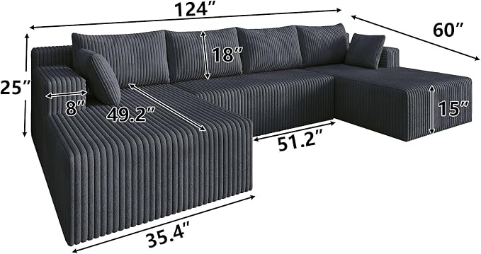 124 Inch Oversized Boneless Sectional Sofa Cloud Couch for Living Room - Symmetrical U Shaped Modular Couches Set with Double Chaise, No Assembly Floor Compression Sofa & Couch