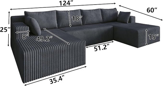 124 Inch Oversized Boneless Sectional Sofa Cloud Couch for Living Room - Symmetrical U Shaped Modular Couches Set with Double Chaise, No Assembly Floor Compression Sofa & Couch