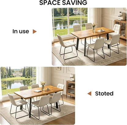 Extendable Dining Table Set for 4 to 8 People, 47.2" to 63" Modern Kitchen Table Set with 6 Chairs, MDF Dining Room Table and Chairs with Removable Extension Leaf (Walnut Table+U-Shaped White Chairs)