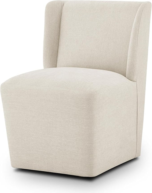 KISLOT Upholstered Dining Chairs Set of 1 with Casters, Wingback Modern Side Armless Deskchair with Rollers for Diningroom Bedroom Livingroom Reading Room, Cream Beige Fabric