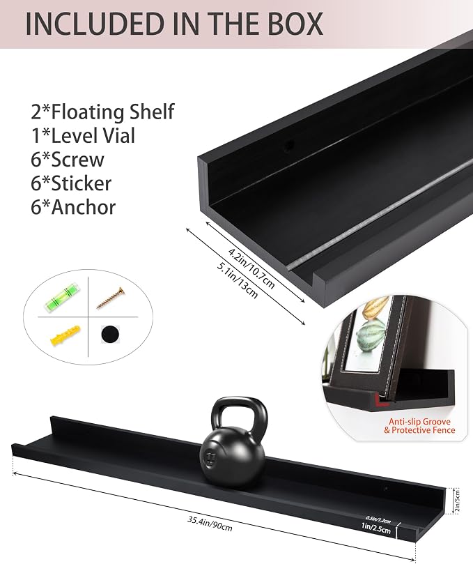 MBYD 36 Inch Floating Shelves Black, Wooden Picture Ledge Photo Shelf for Wall with Lip Set of 2, Wall Mount Display Nursery Shelf for Books, Vinyl Records, Bedroom Living Room Bathroom Kitchen Decor