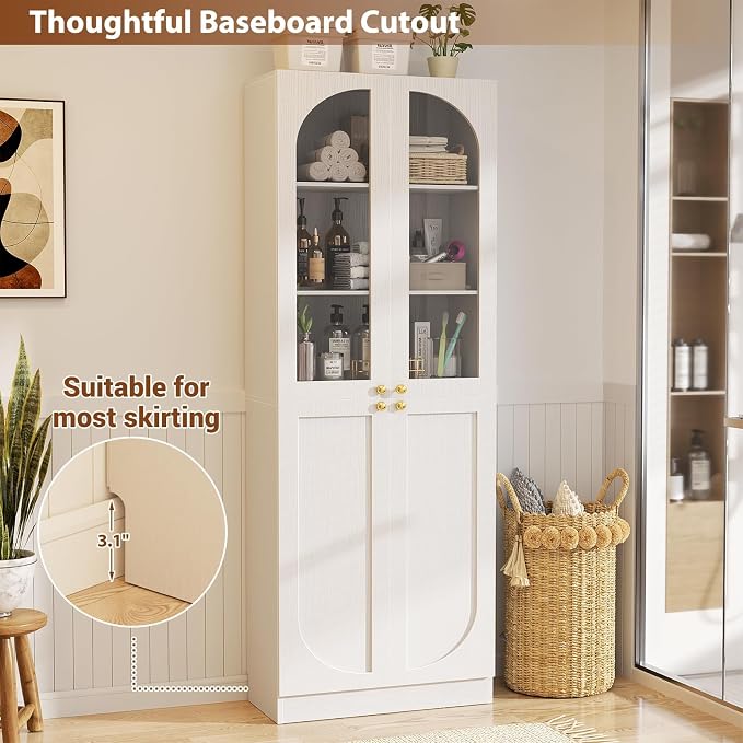 Cyclysio 80" Kitchen Pantry, Tall Arch Storage Cabinet with Tempered Glass & Soft Close Doors, Freestanding Wood Floor Cupboard Bookcase with Seamless Fit Wall for Dining Room, Living Room, Bathroom