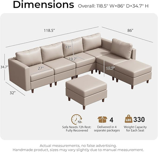 ABCASA Faux Leather Sectional, Modular Sectional Sofa with Storage Seats, 7 Seat Faux Leather Modular L Shaped Couches with Movable Ottoman for Living,Whitesand