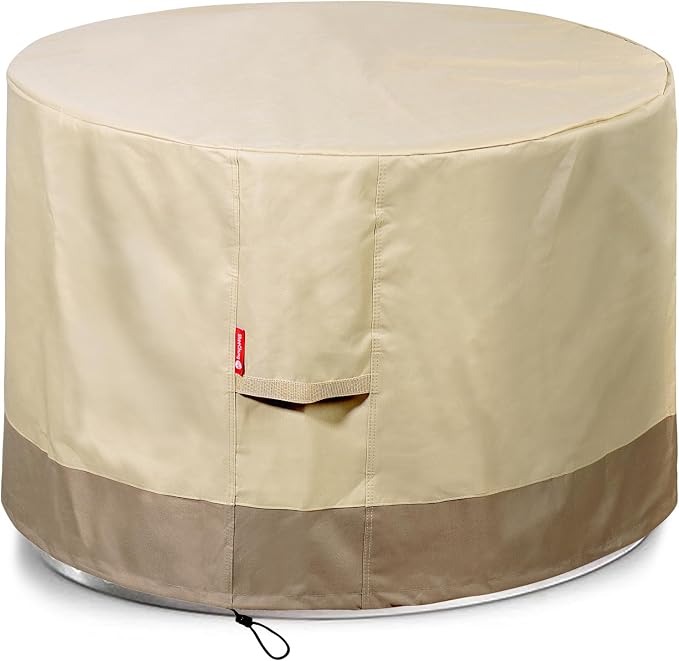 SheeChung Round Gas Fire Pit/Table Cover-Heavy Duty 600D Polyester with PVC Coating Material,100% Weather Resistant & Waterproof,Fits 30",32",33",34",35"and 36" Firepit/Bowl Cover,36"Dia X 24"H Beige