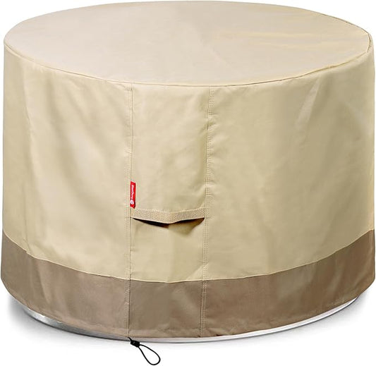 SheeChung Round Gas Fire Pit/Table Cover-Heavy Duty 600D Polyester with PVC Coating Material,100% Weather Resistant & Waterproof,Fits 30",32",33",34",35"and 36" Firepit/Bowl Cover,36"Dia X 24"H Beige