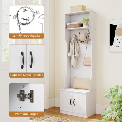 Giantex 3-in-1 Hall Tree with Bench and Shoe Storage, 23.5" Tall Coat Rack with Adjustable Shelves, 4 Hanging Hooks, 2-Door Cabinets, Modern Mudroom Storage Organizer for Living Room, Hallway