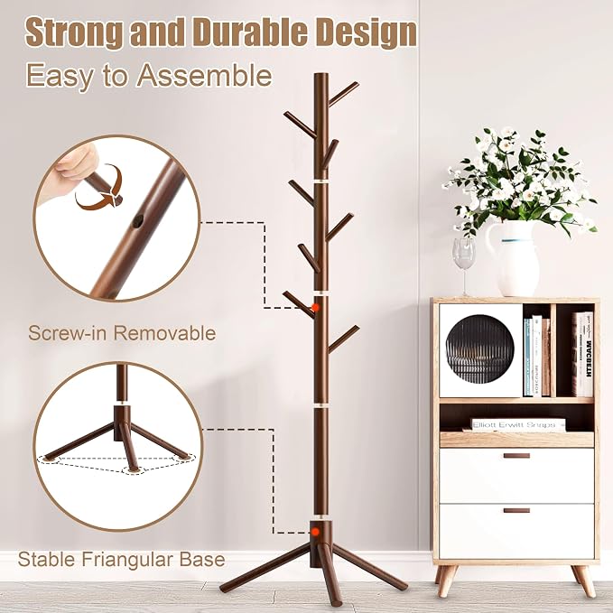 Aliphon Wooden Coat Rack Stand, Freestanding Coat Rack with 8 Hooks, 3 Adjustable Size Coat Tree for Hats, Coats, Scarves bags, Coat Hanger Stand Used in Bedroom/Office/Entryway,2 PCS (Brown)