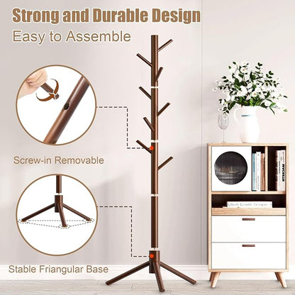Aliphon Wooden Coat Rack Stand, Freestanding Coat Rack with 8 Hooks, 3 Adjustable Size Coat Tree for Hats, Coats, Scarves bags, Coat Hanger Stand Used in Bedroom/Office/Entryway,2 PCS (Brown)