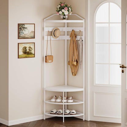 GiftGo Corner Hall Tree with Shoe Bench Entryway Coat Rack with 10 Metal Movable Hooks Freestanding Clothes Rack Shoes Shelf Organizer for Home Office Bedroom (White)