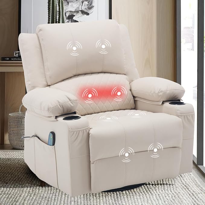 Faux Leather Recliner Chair with Heat and Massage Cup Holder, Overstuffed Swivel Rocker Recliner Chair Rocking Glider Chair for Nursery, Cream White