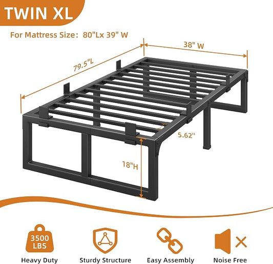Twin XL Bed Frame, 18 Inch Metal Platform Bed Frames with Squeak Free U-Slot Design, 6 Non-Slip Guards, 3500lbs Heavy Duty Steel Slat Support, No Box Spring Needed, Under Bed Storage, Black