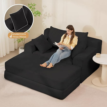 cidludto Convertible Futon Sofa Bed with Ottoman, 5 in 1 Folding Couch Bed Loveseat, Corduroy Boneless Couch with Deep Seat for Living Room Chaise Lounge Chair Indoor, No Assembly Required, Black