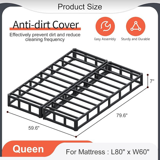 Yicensen 7 Inch Queen Box Spring, Split Design for Easy Setup in Apartments, Heavy Duty Steel Frame, Non-Slip Mattress Base Fabric Cover, Noise Free