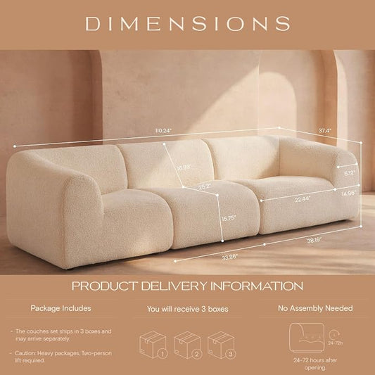 Vothio Curved Sectional Modular Couch with Chaise, Modern 110.24'' Boneless Sofa with Deep Seat, Sherpa Boucle Cloud Couch for Living Room, Cozy Teddy 3 Seater Couches，No Assembly, White