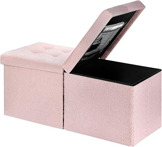 AmasSmile Footrest Ottoman Bench with Storage,34Inch Pink Teddy Velvet Footstool, Coffee Table, Padded Seat, Storage Chest,Blanket Store with Flipping Lid for Livingroom and Bedroom