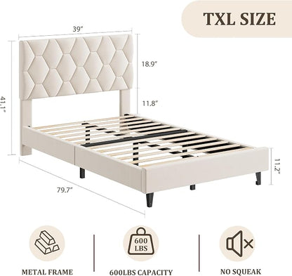 GAOMON Beige Twin XL Bed Frame with Upholstered Headboard, Heavy-Duty Platform Bed Frame with Strong Wood Slats, No Box Spring Needed/Noise Free/Easy Assembly