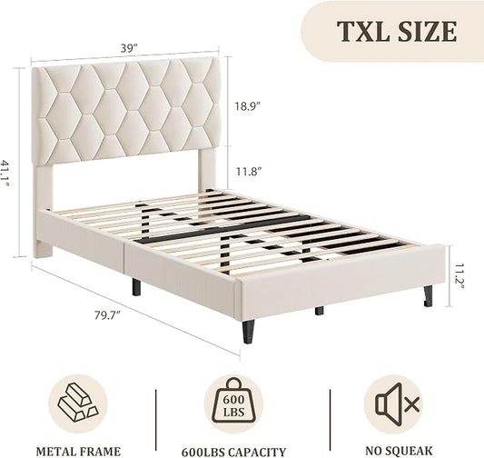 GAOMON Beige Twin XL Bed Frame with Upholstered Headboard, Heavy-Duty Platform Bed Frame with Strong Wood Slats, No Box Spring Needed/Noise Free/Easy Assembly