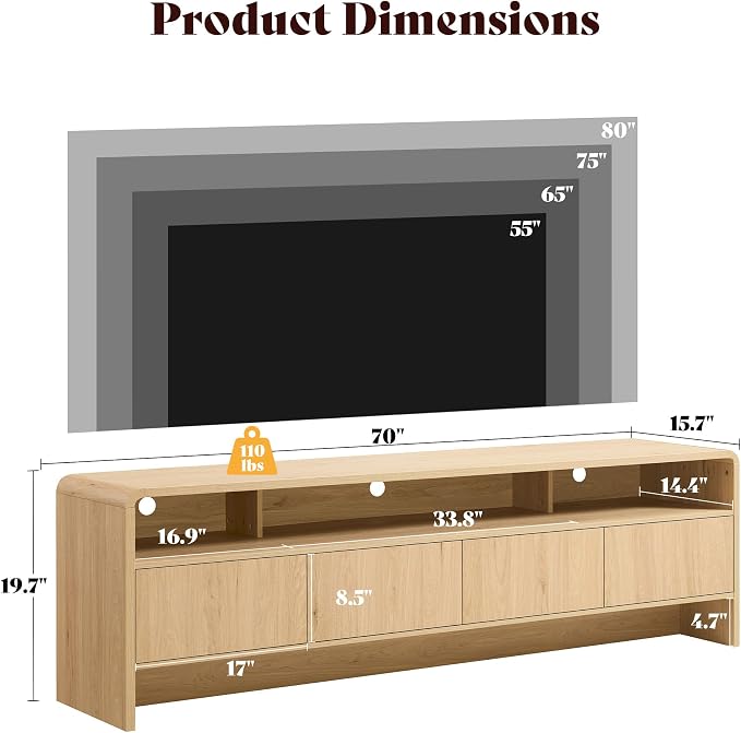 AMERLIFE 70" Modern TV Stand for TVs Up to 80", Wood TV Console with Curved Profile Design & 2 Storage Cabinets, Media Console Entertainment Center for Living Room, Natural Oak