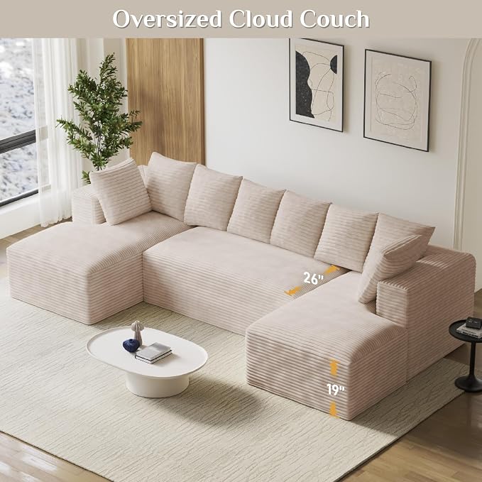 131" Oversized U Shaped Cloud Sectional Couches for Living Room, Comfy Fluffy Corduroy Beige Boneless Sectionals Couch, Plush Memory Foam Modular Sectional Sofa with Chaise- 19" Seat Height