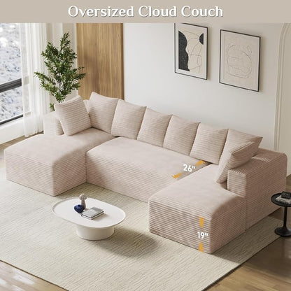 131" Oversized U Shaped Cloud Sectional Couches for Living Room, Comfy Fluffy Corduroy Beige Boneless Sectionals Couch, Plush Memory Foam Modular Sectional Sofa with Chaise- 19" Seat Height