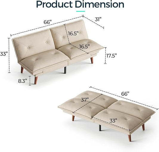 LINSY HOME Futon Sofa Bed, 70" Chenille Futon Couch with Adjustable Backrest Armrest, 3 in 1 Convertible Comfy Loveseat Sleeper Sofa Bed for Small Spaces Dorm Room Apartment Home Office(Khaki)