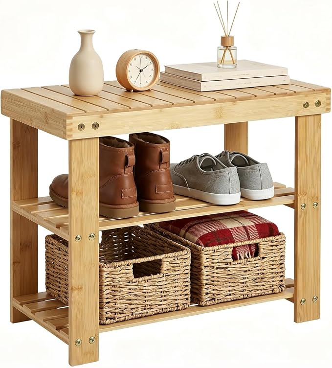 Sturdy 3-Tier Bamboo Shoe Rack Bench – Modern Entryway Organizer with Storage Shelf & Seating, Holds up to 130kg, Ideal for Closet, Bedroom, Living Room, 28.7 x 50 x 45.3 cm – Natural Wood Finish