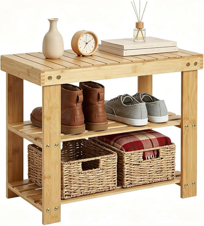Sturdy 3-Tier Bamboo Shoe Rack Bench – Modern Entryway Organizer with Storage Shelf & Seating, Holds up to 130kg, Ideal for Closet, Bedroom, Living Room, 28.7 x 50 x 45.3 cm – Natural Wood Finish