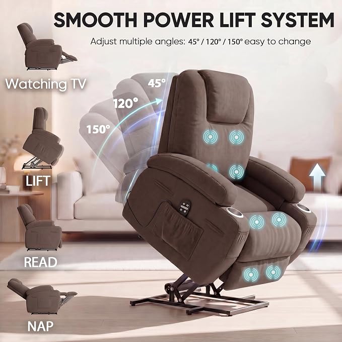 Flamaker Power Lift Chair Massage Recliner Chairs for Elderly - Ergonomic Design with Cup Holders & Side Pockets, Remote Control (Dark Brown)