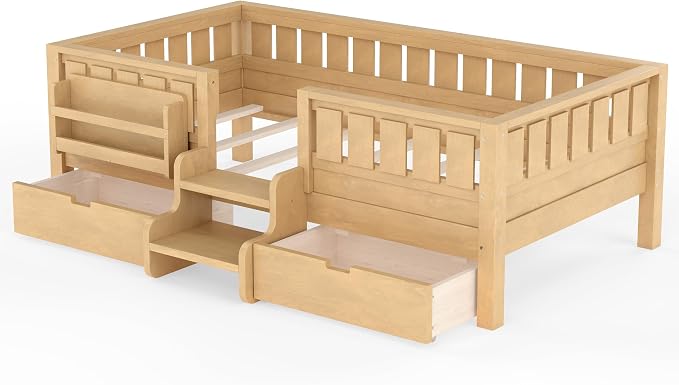Bellemave Twin Size Kids Montessori Bed with Stairs and Bookshelf,Solid Wood Twin Size Kids Bed Frame with Drawers and Storage for Girls Boys,Low-Profile,Light Natural