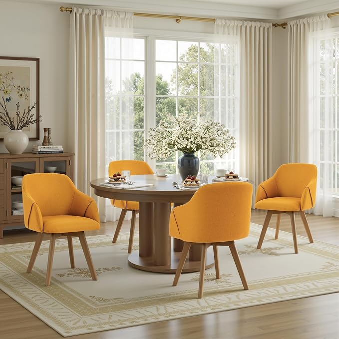 Swivel Dining Chairs Set of 4, Linen Fabric Upholstered Dining Chairs with Arms and Wood Legs, Mid Century Modern Kitchen Chairs for Dining Room Living Room 360°Swivel, Comfortable Large Seat, Yellow