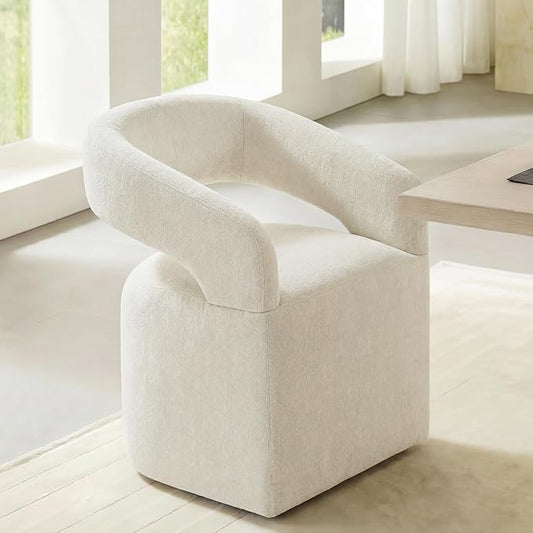 KISLOT Upholstered Dining Chairs Set of 1, Modern Arm Kitchen & Dining Room Chairs with Hidden Casters, Linen Fabric Padded Rolling Chairs, Sturdy Wood Frame, 300 lbs Capacity, Cream Beige