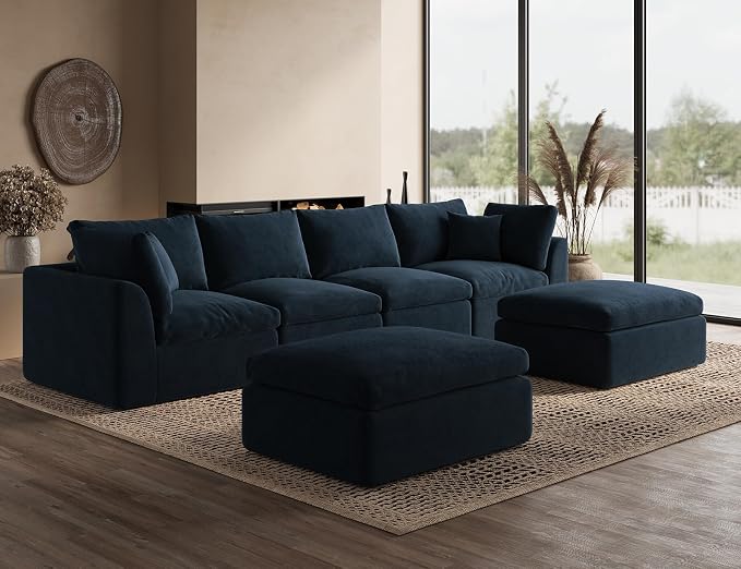 ohllob 140" U Shaped Couch, Cloud Sectional Couches for Living Room, Boneless Couch with Ottoman, Oversized 4 Seater Modular Sectional Sofa, Dark Blue