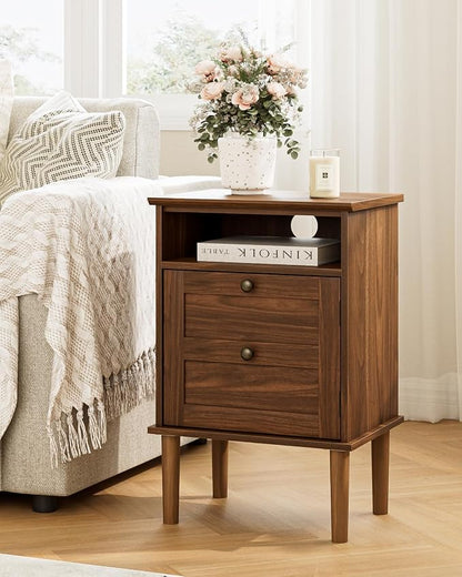 Nightstand, Boho Night Stand with 1 Drawer, Modern Side Accent Table with Open Shelf, Wooden Top Bedside End Table for Bedroom, Living Room, Walnut