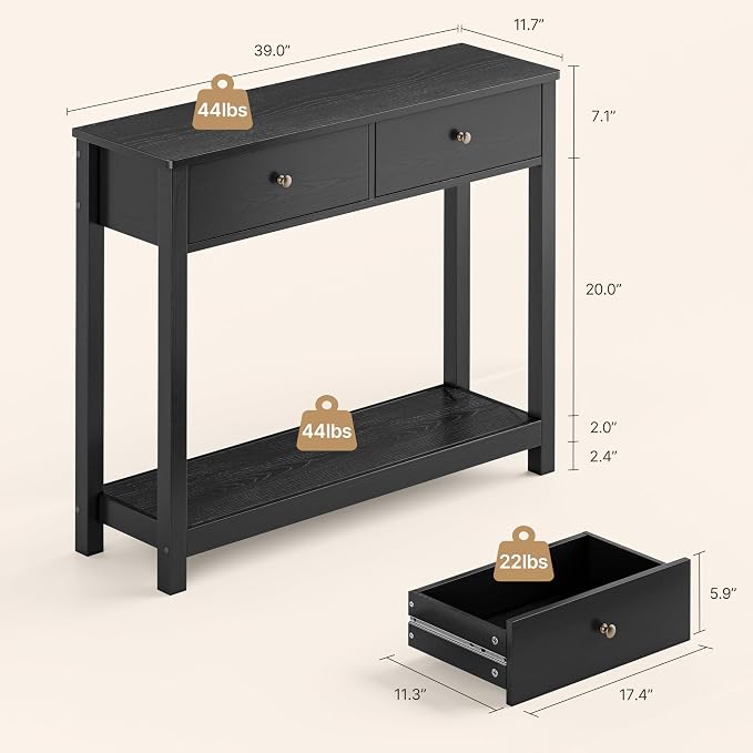 Gizoon Console Table with 2 Drawers, 2-Tier Wood Entryway Table with Storage Shelves, 39" W Wood Accent Sofa Table for Front Hall, Hallway, Living Room, Black