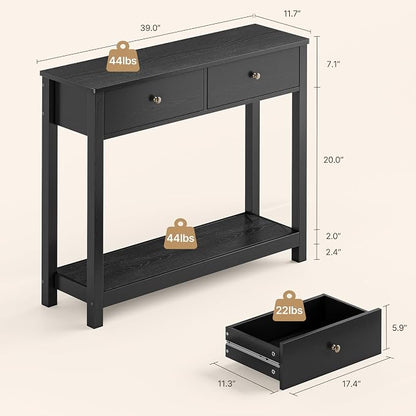Gizoon Console Table with 2 Drawers, 2-Tier Wood Entryway Table with Storage Shelves, 39" W Wood Accent Sofa Table for Front Hall, Hallway, Living Room, Black