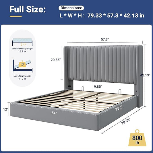 Allewie Full Size Lift Up Storage Bed Frame, Hydraulic Support System, Upholstered Platform Bed Frame, Underneath Storage, Vertical Channel Tufted Headboard with Wingback, No Box Spring Needed, Grey