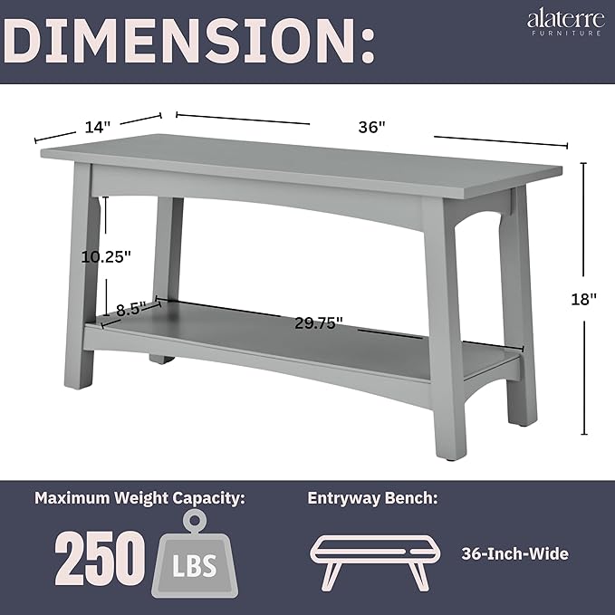 Craftsbury 36-Inch Wood Entryway Bench with Storage Shelf – Dove Gray Accent Bench for Entryway, Hallway, or Living Room – Small Space Seating with Farmhouse Charm by Alaterre Furniture