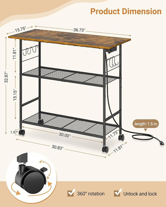 Kitchen Island with Power Outlet, Rolling Kitchen Cart with 6 Hooks and Protective Shelf, Microwave Stand on Lockable Wheels, Bakers Rack Coffee Bar for Dining, Living Room, Outdoor, Metal Frame